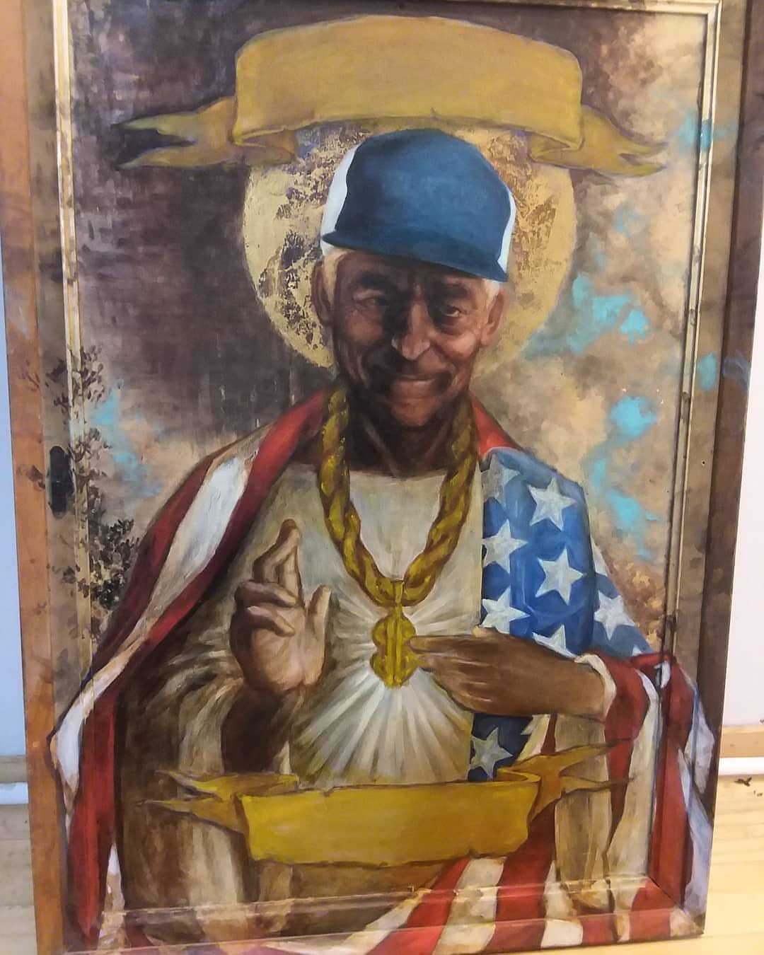 Work in progress. Oil on thrift store painting — Instagram photograph from 2019-08-25