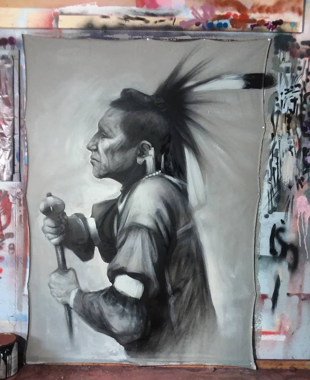 Osage Warrior. 6 ft by 4 and 1/2 ft spray paint and acrylic on canvas. $500 Hol…