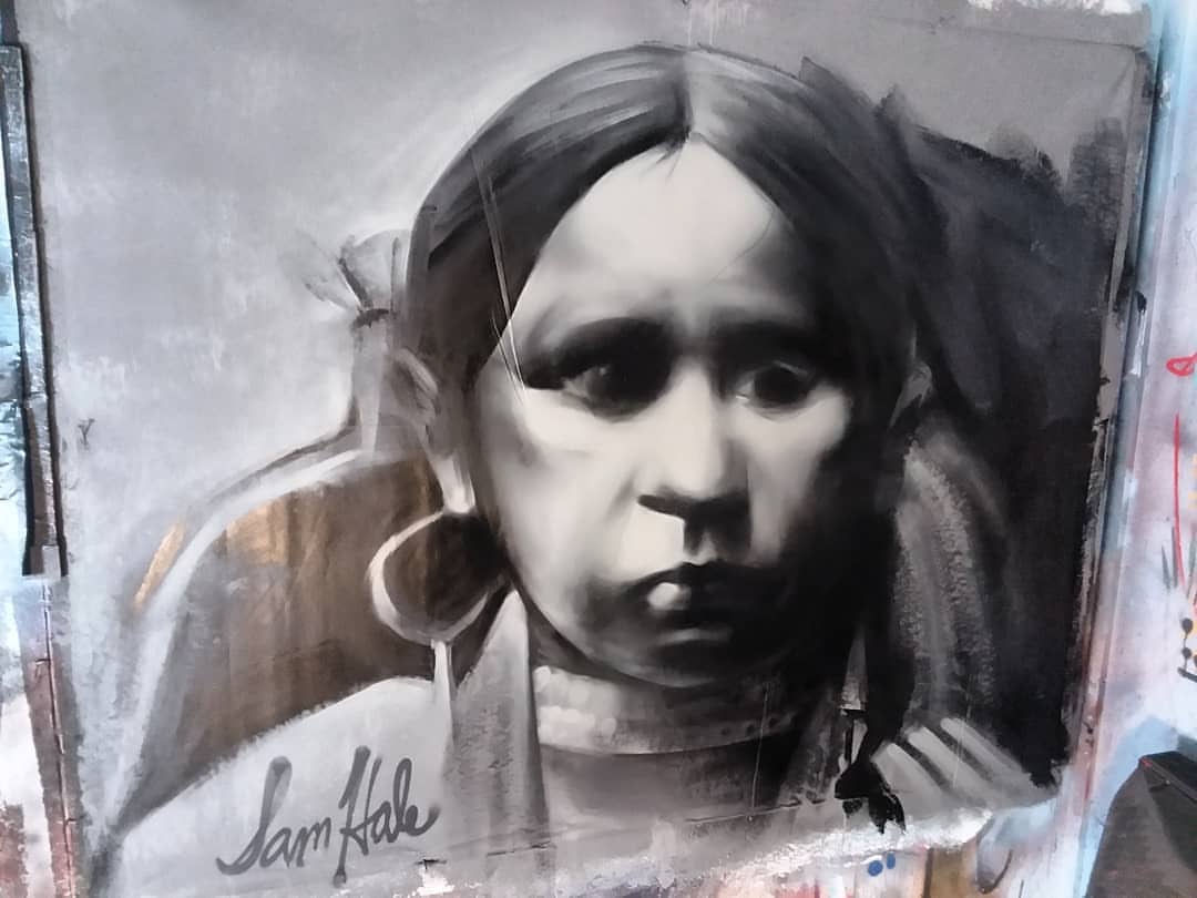 For sale ... 6-ft by 5-ft acrylic and spray paint on vinyl tablecloth ... messa…