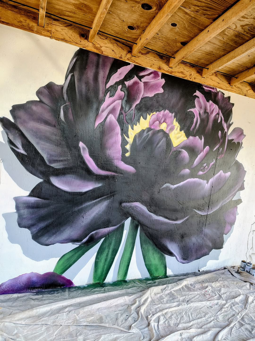 Large dark peony mural by Samuel Hale